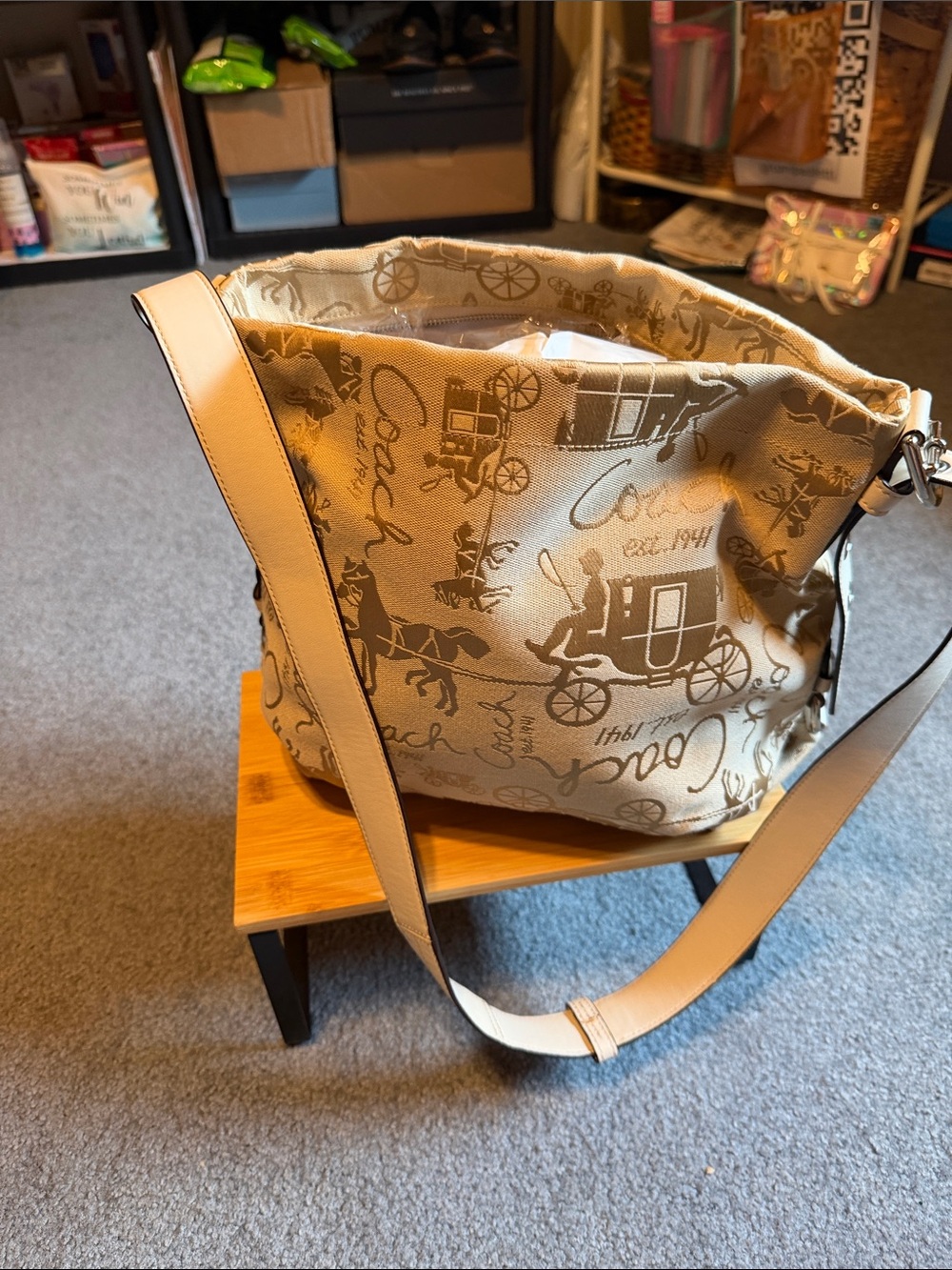 Coach Beige and Tan Signature Horse & Carriage Shoulder Bag - Picture 2 of 8